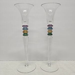 Vintage 90s Block Carnival Crystal Candlestick Holder Set Of 2 Poland 12"